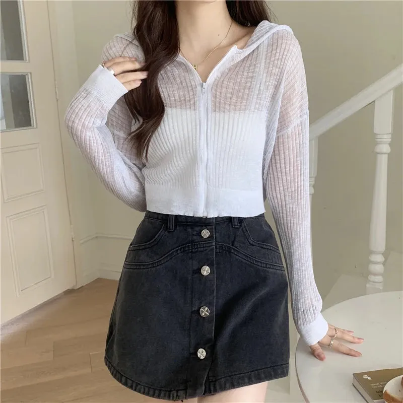 Znbbw Arrival Hoody Knitted Cardigan Girls Summer Thin Transparent Zipper Tee Shirts Women Outerwear Crop Tops - Image 4