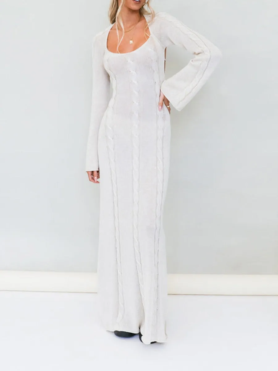 Znbbw Backless Bandage Cable-knit Long Dress Autumn 2023 Elegant Retro Solid Color Long Sleeve U-neck A-Line Party Dresses - Image 2