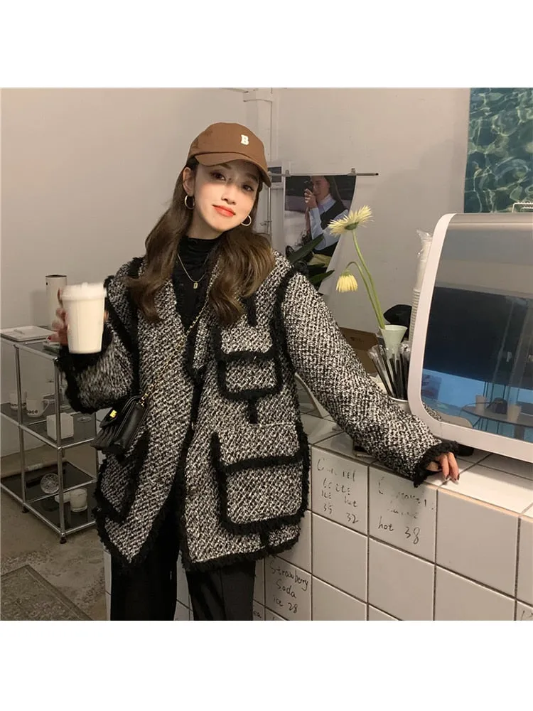 znbbw Women Woolen Tweed Coat 2023 Autumn Winter  Korean Style Sashes Waist Retro Vintage Gray Big Turn Down Collar Thicke Wool Coat - Image 2