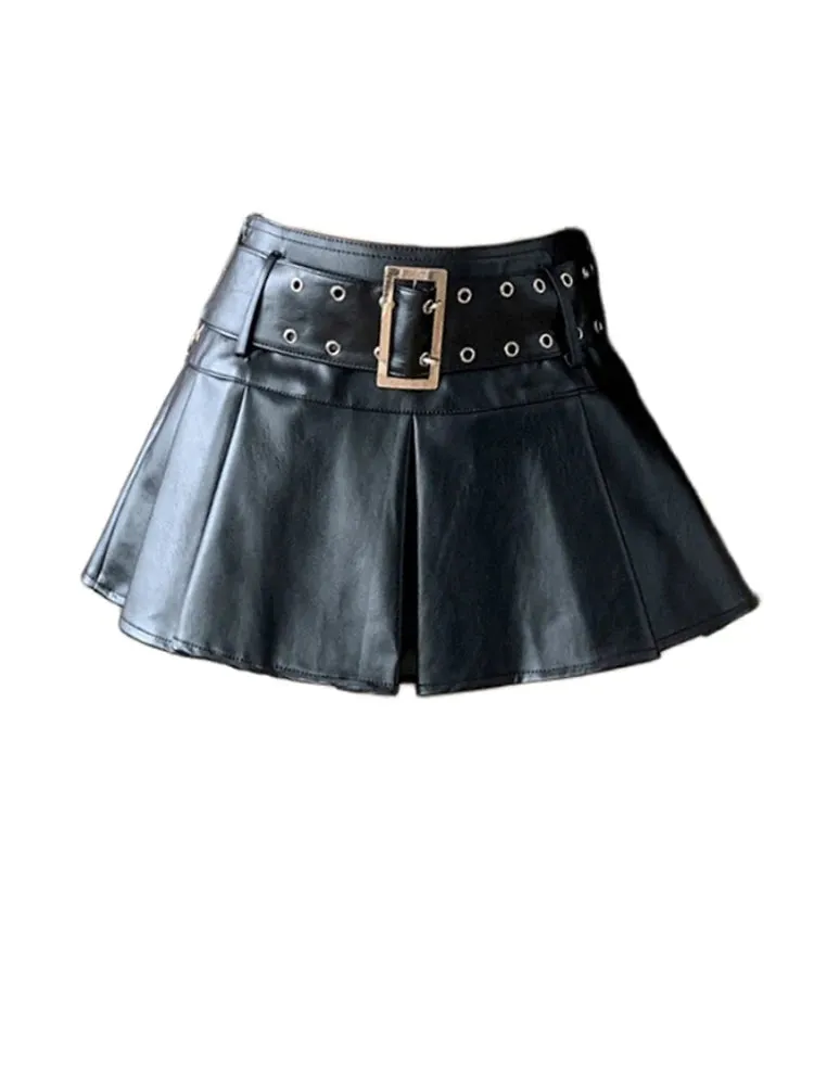 Znbbw Women Leather Skirts Vintage Female Streetwear Korean High Waist Fashion Y2k Black Gothic Punk Silver A-line Pleated Mini Skirt - Image 2