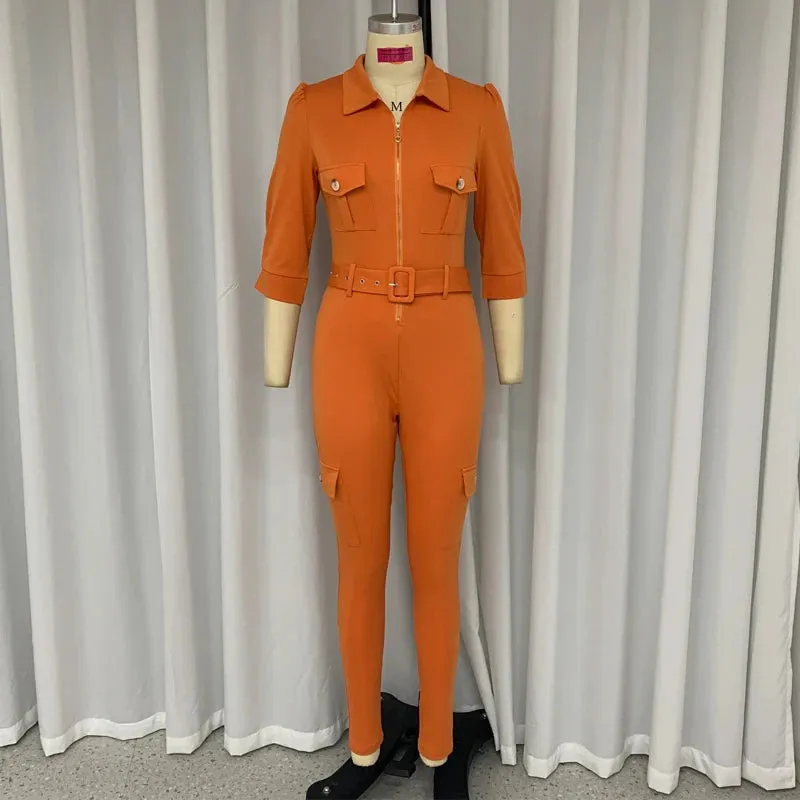 Znbbw Women Jumpsuit Autumn Office Lapel Half Sleeve Romper Solid Color Bodycon Overalls High Streetwear With Belt&Pocket - Image 3