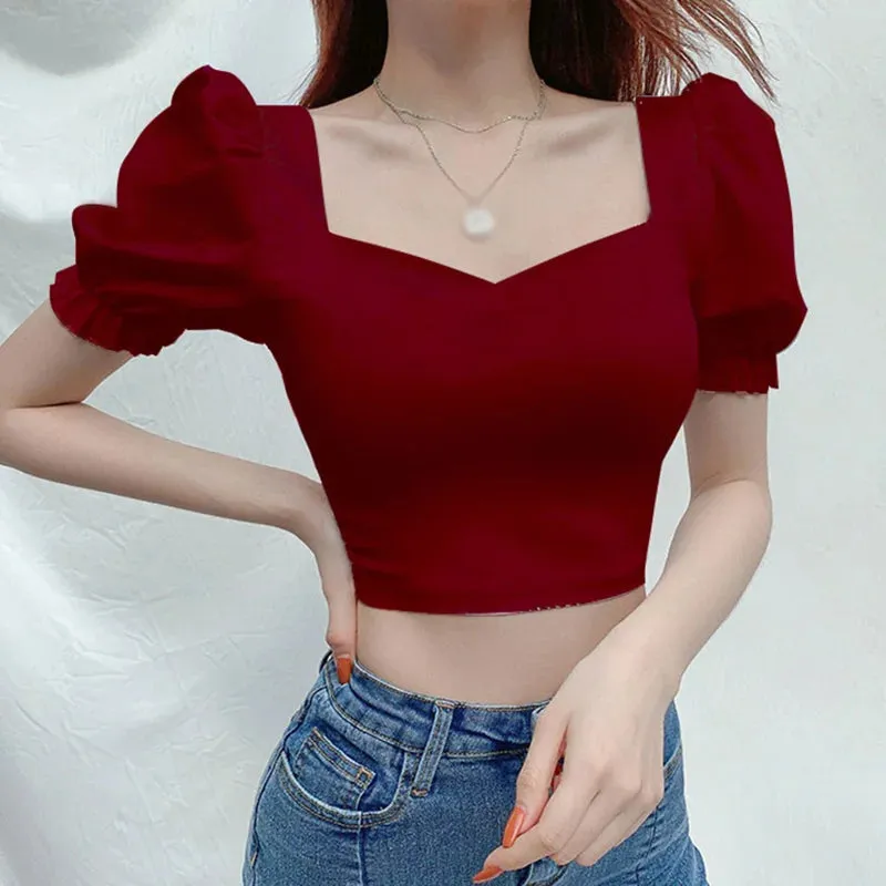 Znbbw Women's Solid V-Neck Slim Fit Open Navel Short Sleeve Top T-shirt Solid Square Neck Sexy Open Navel Pullover T-shirt - Image 3