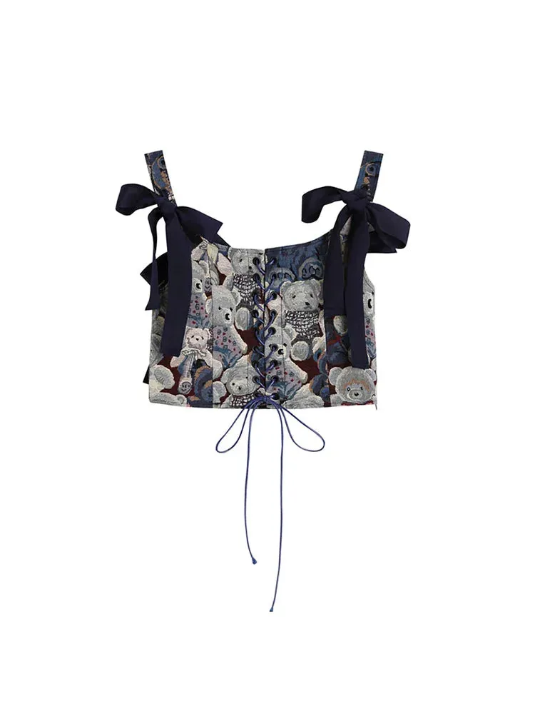 Znbbw 2024 Korean Cute Bear Jacquard Bow Women Suspender Vest Summer Y2K Vintage Casual Sleeveless Off Shoulder Ladies Crop Tops - Image 2