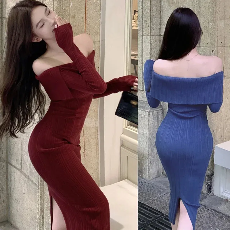 Znbbw Women's Dress  Hip Wrapped Medium Length  Thin  Waist Closed  Split Long Sleeve Straight Shoulder Dress - Image 3