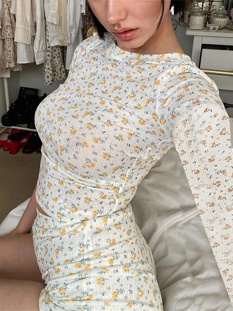 Znbbw Women Spring Summer Two Pieces Knitted Shorts Set Long Sleeve Floral T-shirts Crop Tops High Waist Shorts Outfits Streetwear - Image 3