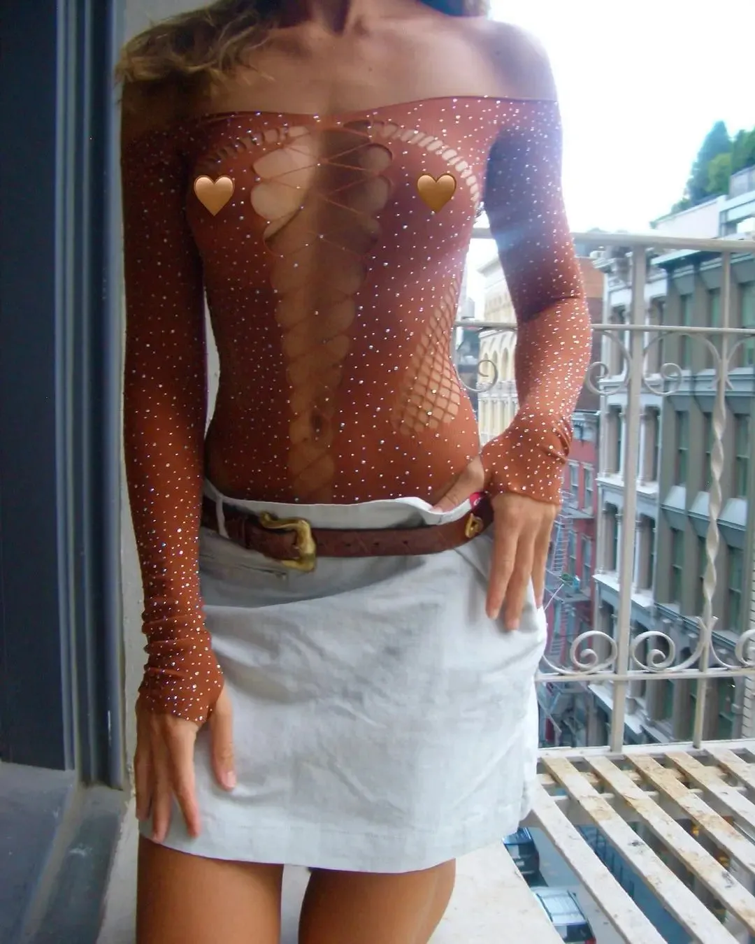 Znbbw Women??s Off Shoulder Bodysuit Shiny Rhinestone Long Sleeve Hollow Out Slim Fit Leotard Tops - Image 5