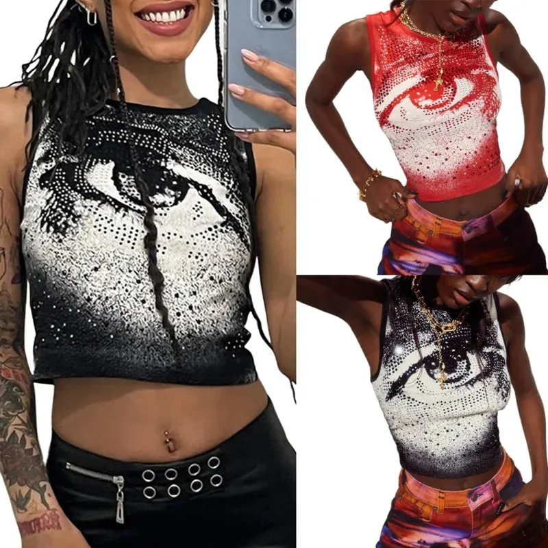 Znbbw Y2k E-girl Gothic Grunge Tank Top Rhinestone Eye Print Aesthetic Dark Academia Sleeveless Round Neck Crop Top Mini Vest - Image 4