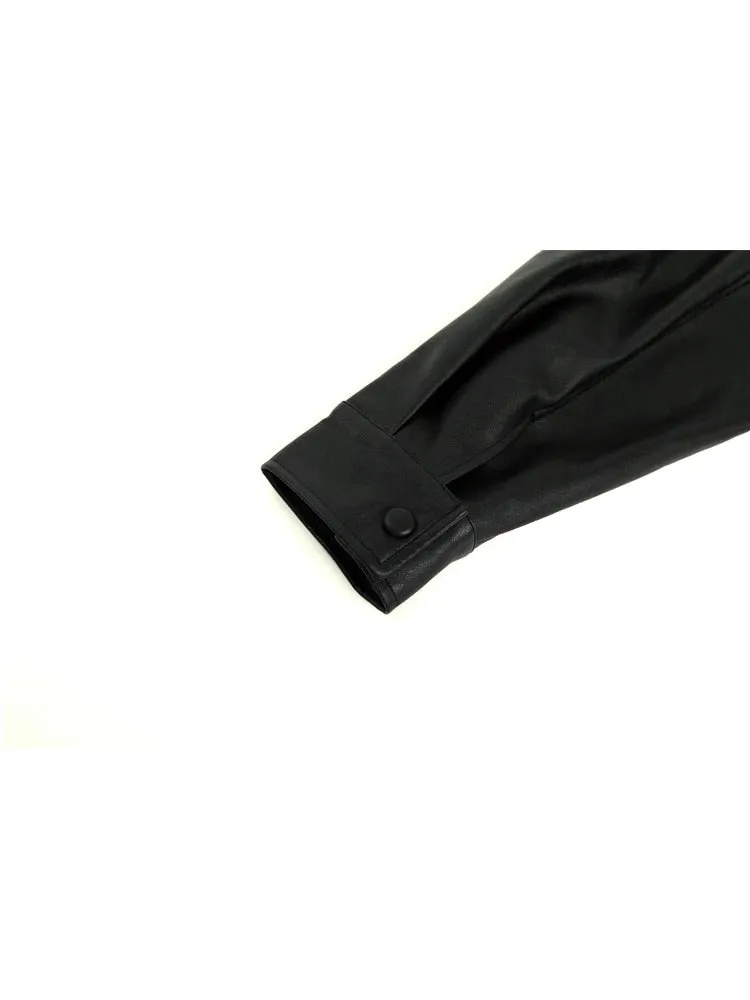 znbbw Women's Vintage Black PU Leather Jacket Motorcycle Coat 2023 Autumn Winter Female Korean Casual Loose Streetwear Outwear - Image 2