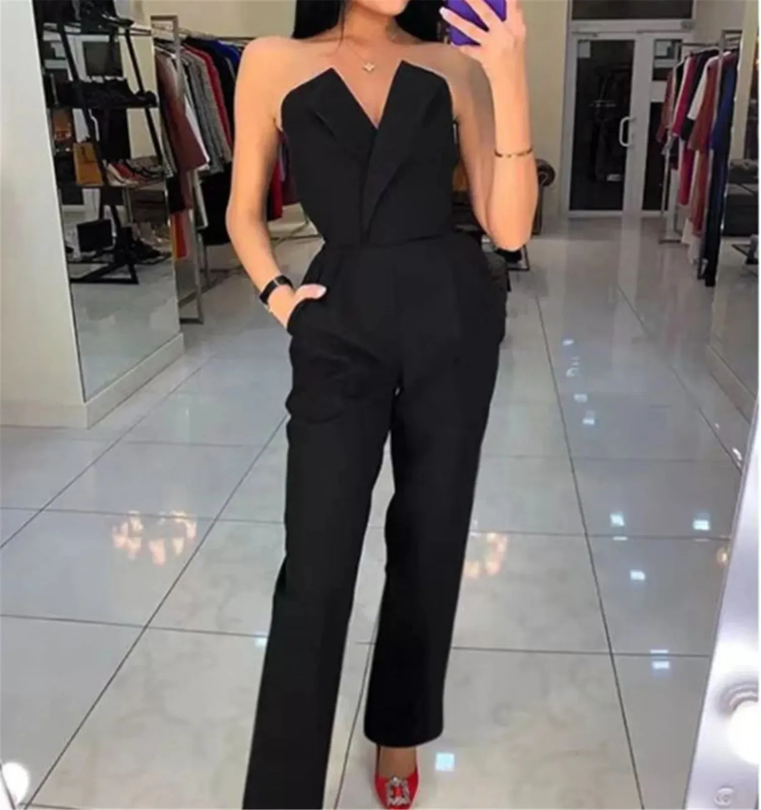 Znbbw Women Solid Tube Top Sleeveless Jumpsuits Rompers Fashion Cold Shoulder Pocket Wide Leg Jumpsuit Office Lady Elegant Suits - Image 4