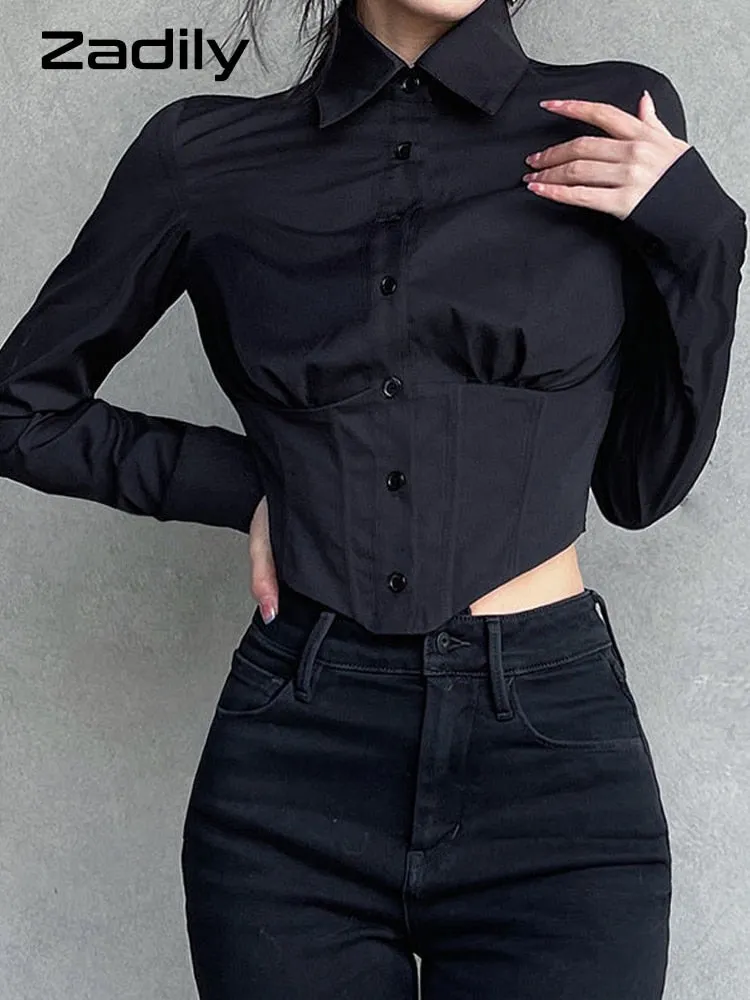 znbbw 2023 Autumn Y2K Sexy Long Sleeve Folds Women Shirt Street Gothic Button Ladies Crop Top Club Female Clothing Blouse Tops - Image 7