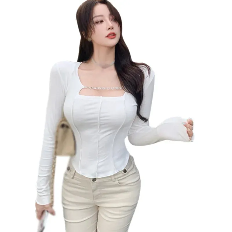 Znbbw Women Solid Color T Shirt Korean Style Solid Color Square Collar for Leisure T Shirt - Image 2