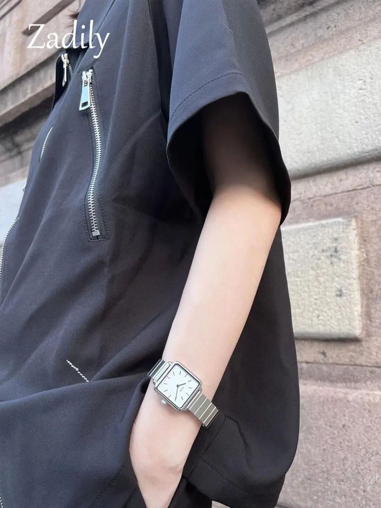 znbbw 2023 Summer Streetwear Short Sleeve Woman Black Shirt Oversize Y2K Zipper Up Woman Tunic Blouse Female Clothing Top - Image 3