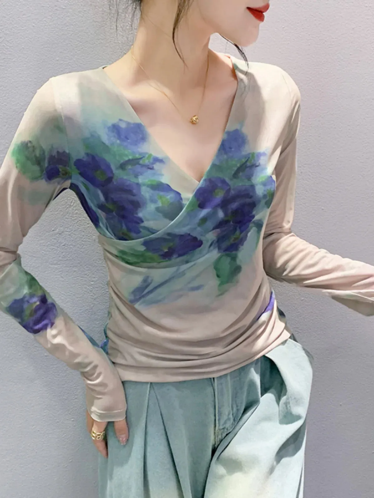 Znbbw Autumn New Crossed V-neck Full Sleeve T-shirt Women's Fashion Printed Floral Mesh Tees Female Slim Top BH9719 - Image 2