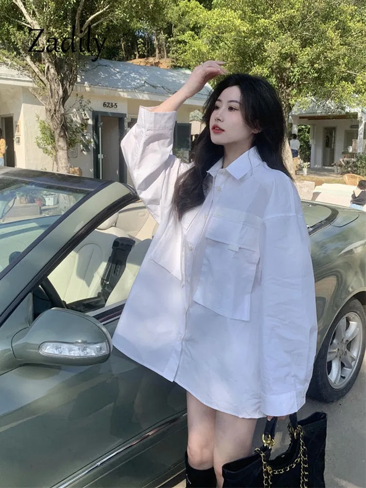 znbbw 2023 Spring Korea Style Full Sleeve Women Long White Shirt Oversize Button Up Pocket Ladies Blouse Casual Female Clothing - Image 7