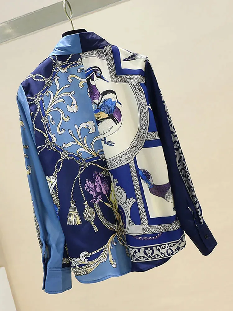 Znbbw Autumn Women's Printed Blouse Retro Contrast Shirt Female Office Lady Turn-down Collar Long-sleeved Shirt Tops GD488 - Image 4