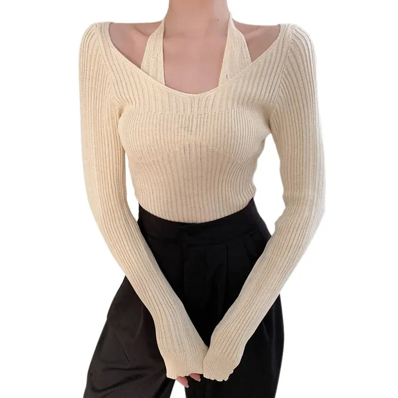 Znbbw Womens Knit Sweater Long Sleeve Off Shoulder Halter Neck Tops Sexy Pullover Casual Loose Blouse Jumper Sweaters - Image 2