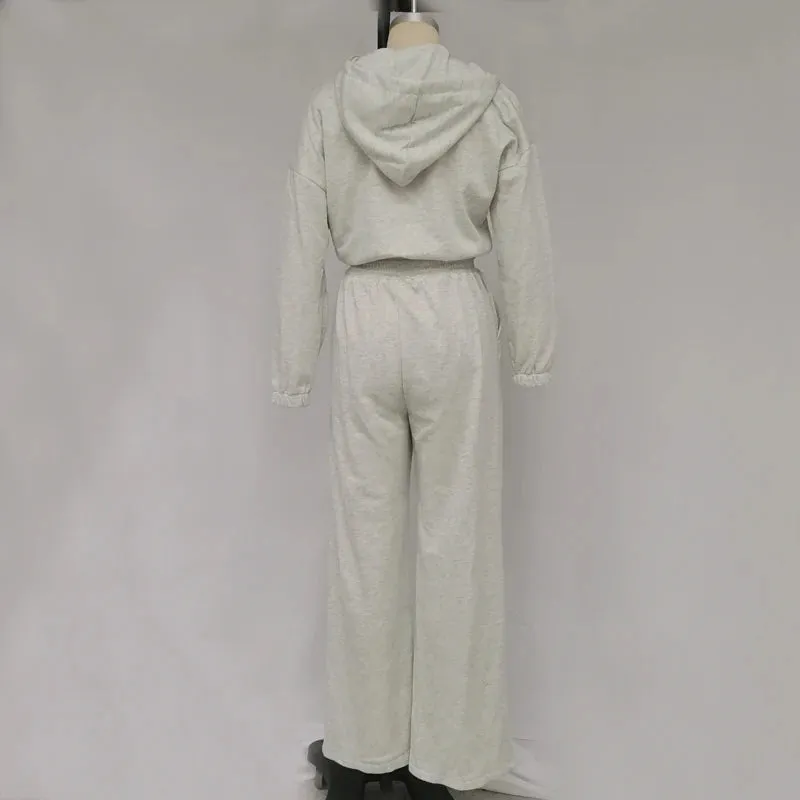 Znbbw 2 Piece Sets Women Outfit Autumn Fashion Casual Solid V Neck Zipper Nipped Waist Hooded Top Loose Pants Sets With Pockets - Image 3