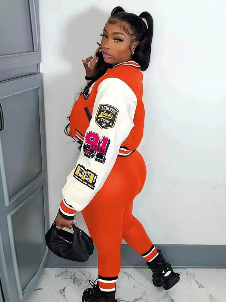 Znbbw Letter Casual Two Piece Set For Women Single Breasted Baseball Jogging Suits Full Sleeve Short Jacket Trousers Suit - Image 2