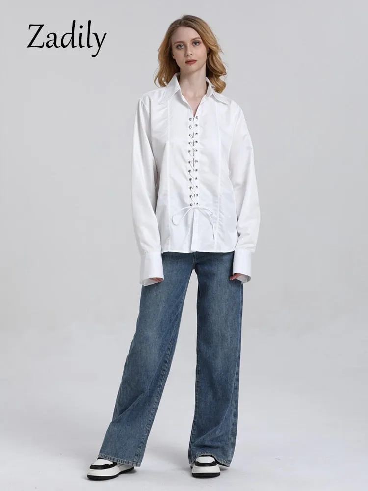 znbbw 2023 Summer Streetwear Long Sleeve Women Oversize White Shirt Corns Hole Bandage Woman Blouse Casual Female Clothing Tops - Image 5