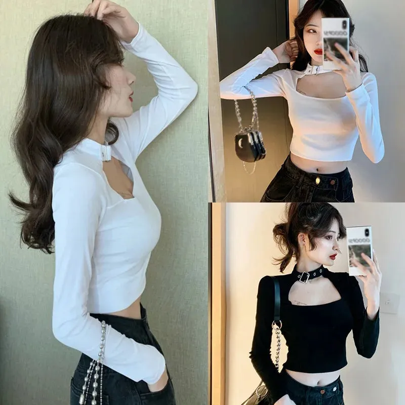 Znbbw Women's Square T-shirt  Collar Slim Sexy Navel Exposed Long Sleeved T-shirt Tops - Image 3