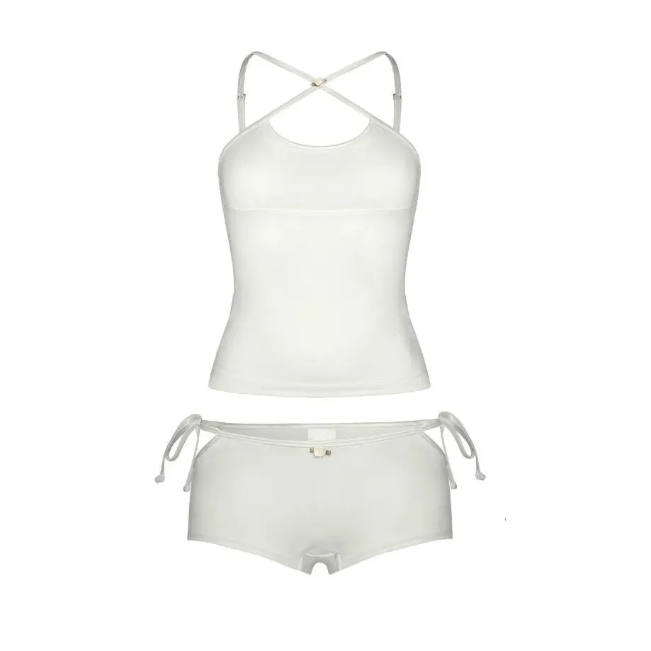 Znbbw Women Summer Sexy Coquette 2 Piece Pajamas Sets Halter Cutout Camis Crop Tops Flower Low Waist Shorts Loungewear Fairy Outfits - Image 6