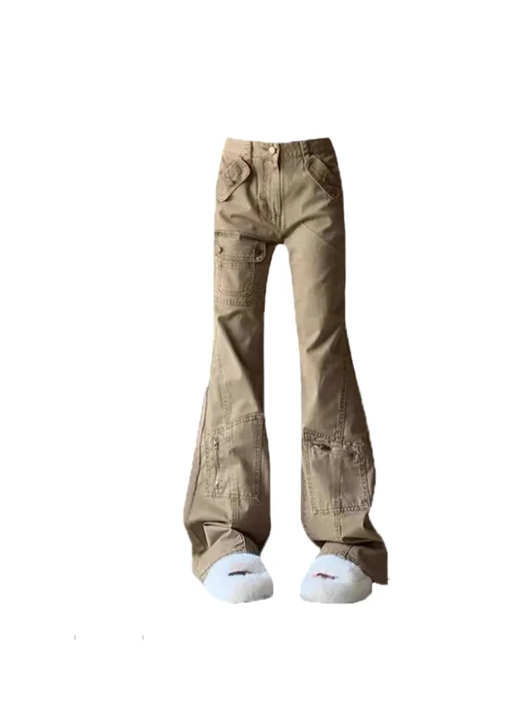 Znbbw Women Khaki Flare Cargo Jeans Vintage Korean High Waist Cowboy Pants Harajuku Denim Trousers 90s Aesthetic Y2k Emo 2000s Clothes - Image 2