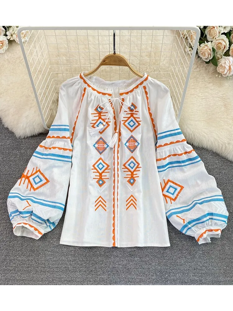 Znbbw Women Spring Autumn Blous Retro Loose Ethnic Style Embroidery Thin Lantern Sleeve Doll Top Female Pullover Shirt D3061 - Image 3
