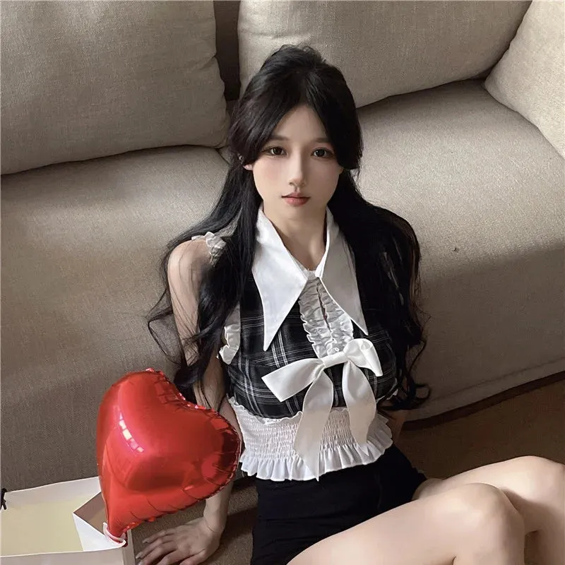 Znbbw Y2k Vest Blouses Bow Decoration Hollow Out Ruffles Plaid Design Crop Tops Summer Slim Waist Chic Women's Clothing Shirts - Image 5
