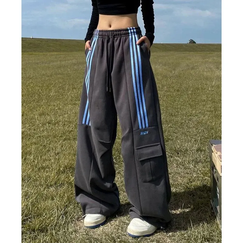 Znbbw Women Streetwear Sweatpants American Retro Striped Loose Wide Leg Pants Casual Female Large Pocket Cargo Trousers New - Image 4