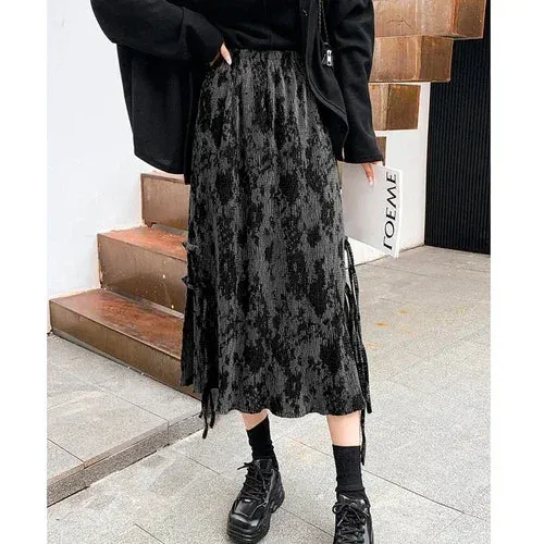 Znbbw Women's Fashion Vintage Skirts High Waist Tie Dye Tassel Pleated Forked Casual Loose Skirt Chinese Style All Match Clothing Y2k - Image 8