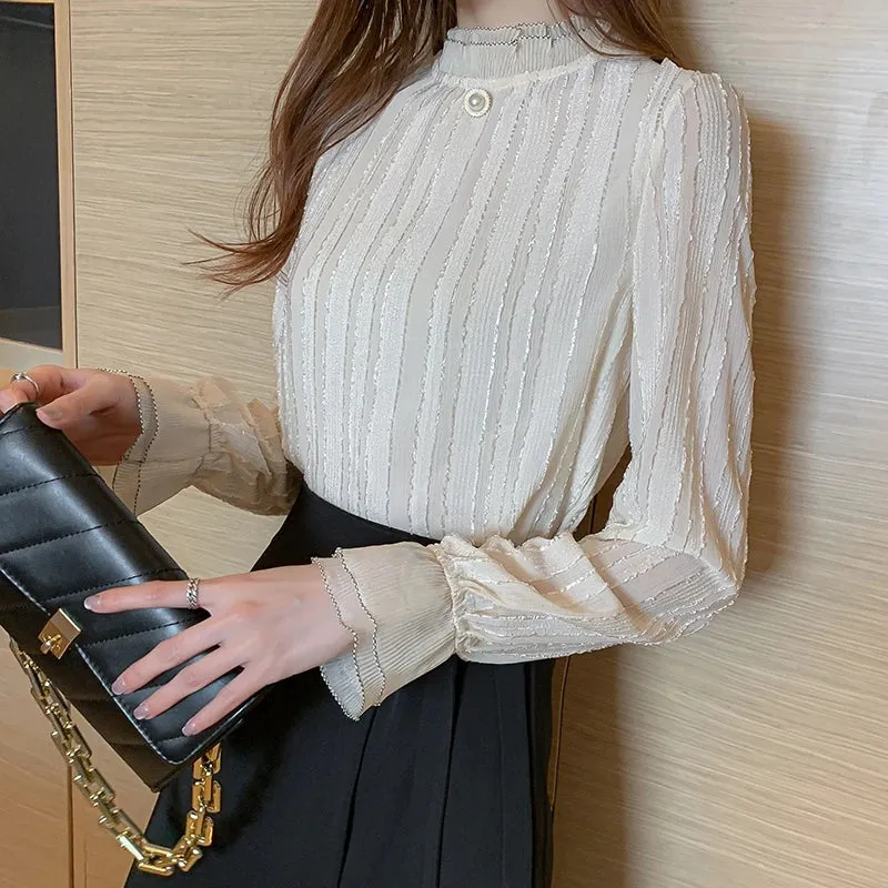 Znbbw Women Stand Collar Lace Chiffon Blouse Shirt Tops Long Sleeve Blouse Women Blusas Mujer De Moda 2023 Blouses Female E127 - Image 2