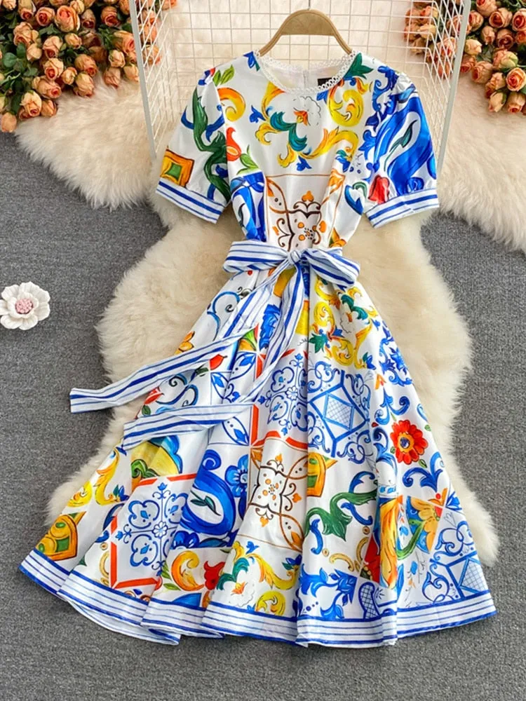 Znbbw 2023 Summer Midi Dress Women Stitching Lace O-Neck Short Sleeve Blue and White Porcelain Stripe Print Sashes A-Line Dress - Image 3