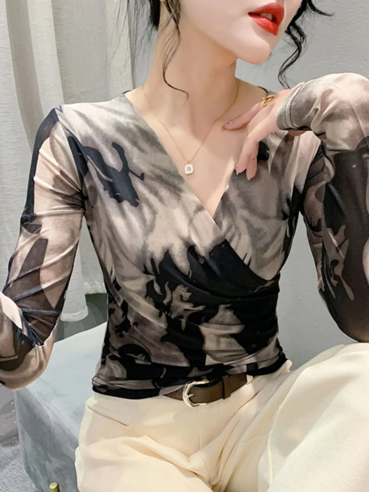 Znbbw Autumn Wrinkled Cross V-Neck Long Sleeve Mesh T-shirt Women High Stretch Printing Fashion Slim Base TShirts FF0919 - Image 2