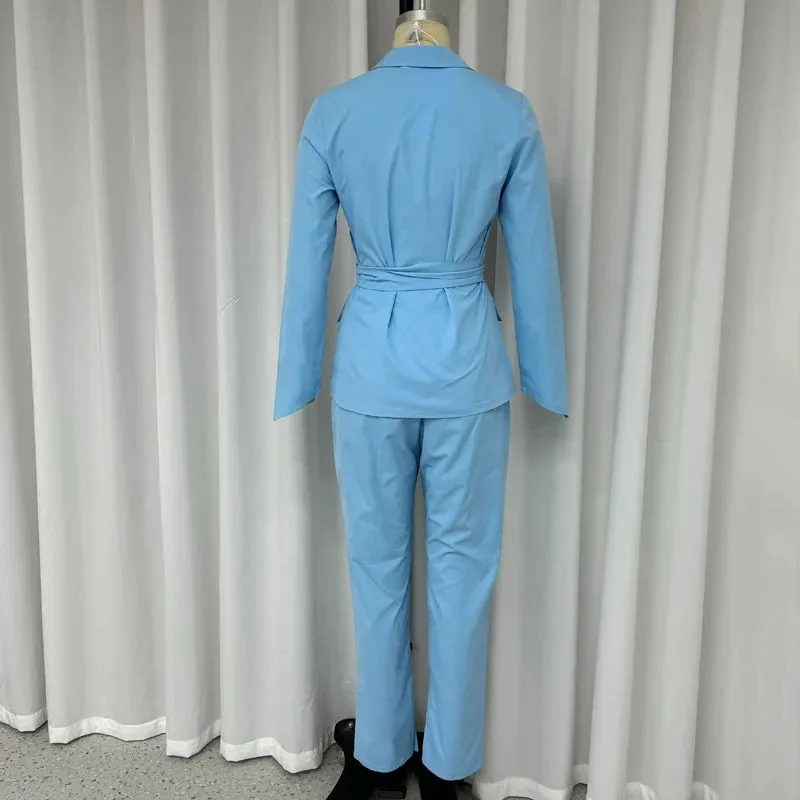 Znbbw Women's Suit Autumn Simple Office Fashion Solid Lapel Long Sleeve Nipped Waist Lace Up Blazer Top Loose Slit Pants Set - Image 4