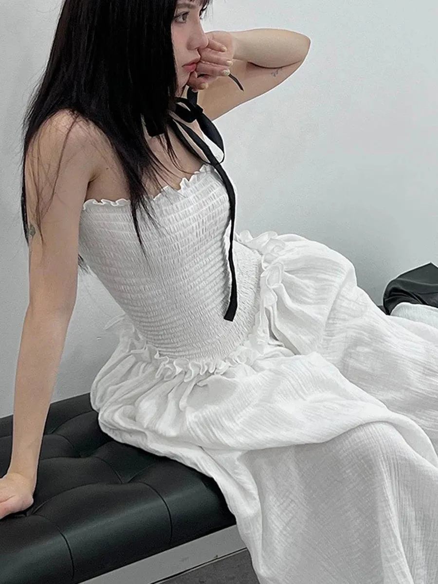 Znbbw Women Summer Off Shoulder Ruched Bust Ruffle Trim Tube Top Dress  Ruched Frills Strapless Sleeveless Party Long Dress - Image 2