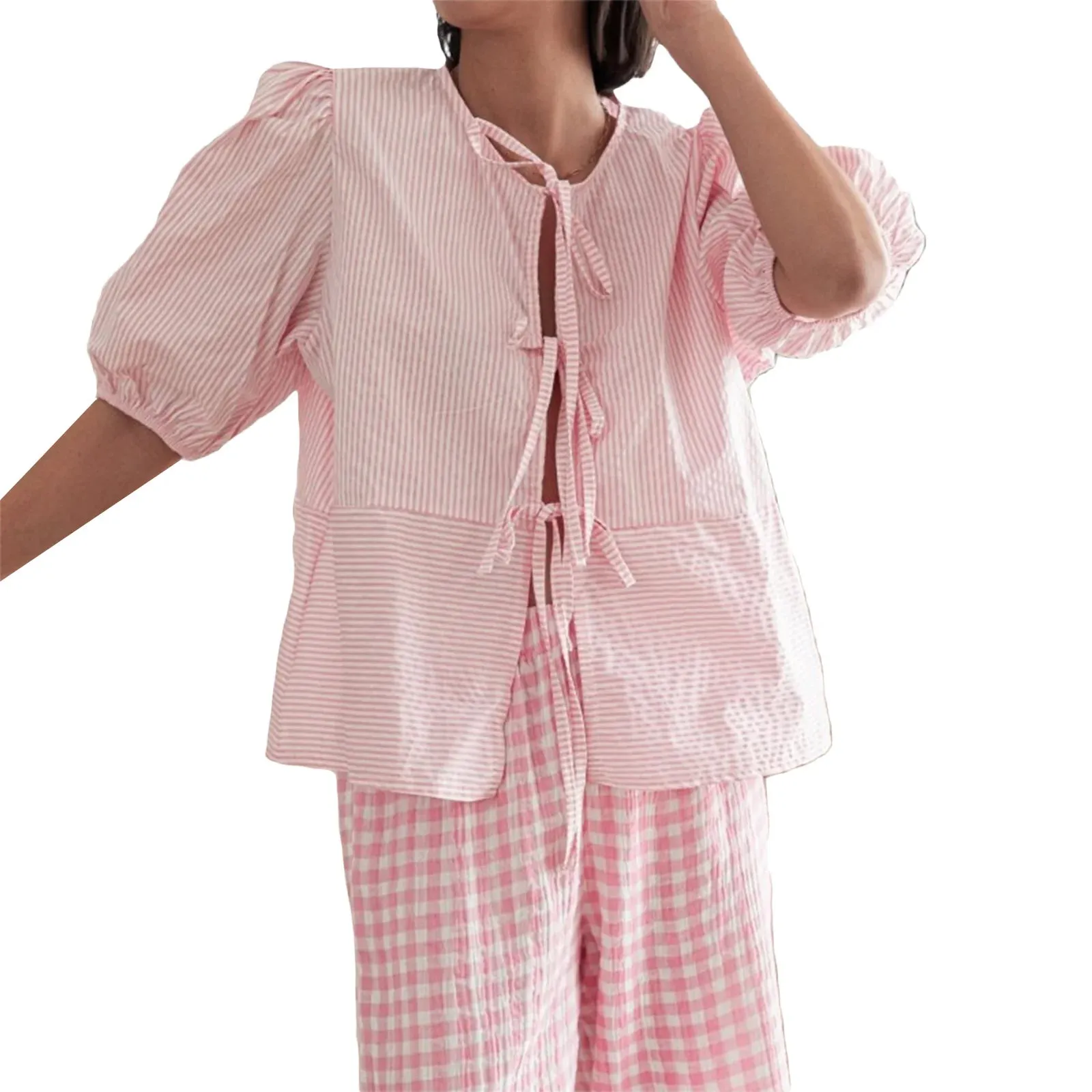 Znbbw Women y2k Puff Short Sleeve Shirts Tie Front Ruffle Hem Loose Office Blouse Tops Teen Girls Lace up Cute Summer Kawaii Tops - Image 18