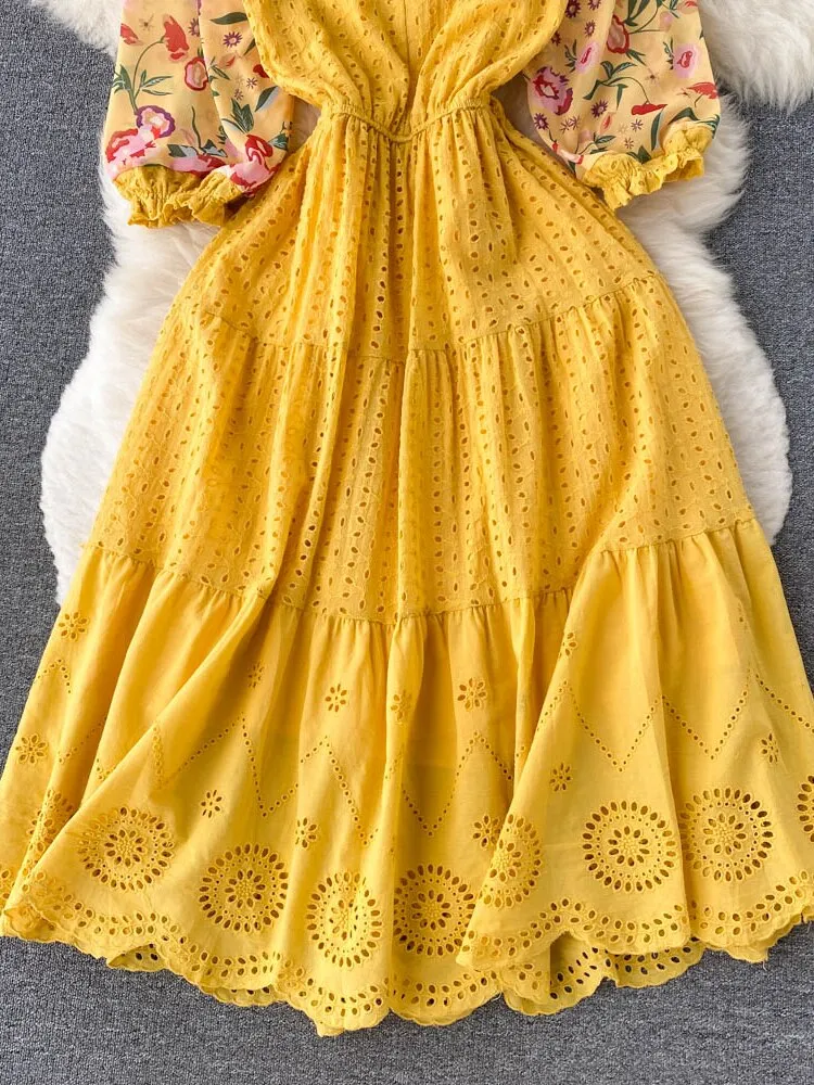 Znbbw Women Summer Dress Ethnic Printed Panel Hollow V-neck Temperament Vestidos Female Small Stature Seaside Holiday D2047 - Image 2