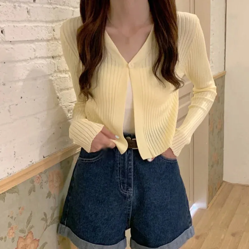 Znbbw Women Korean V Neck Solid Colour Button up Casual Long Sleeves Knitted Cardigan T-shirt - Image 5