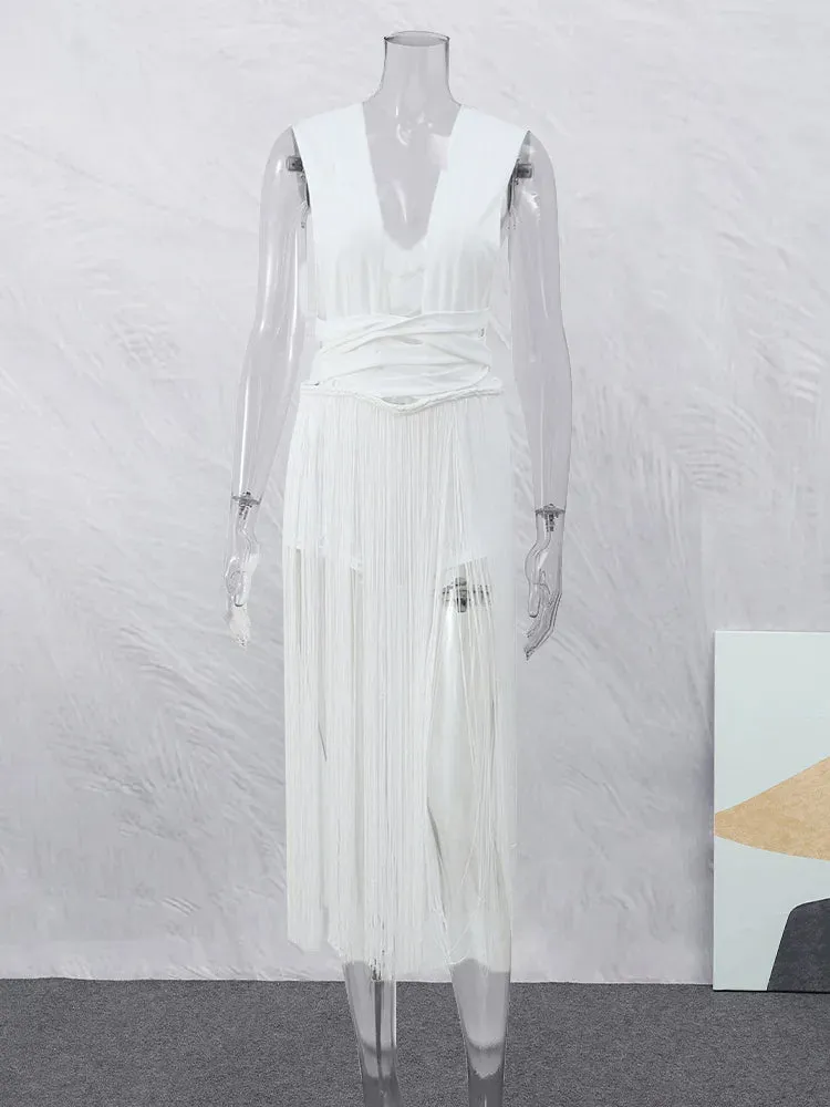 Znbbw Women Tassel Patchwork Hem Backless Long Dress Sexy White Bandage Sleeveless High Waist Dresses 2024 Lady Beach Party Vestidos - Image 5