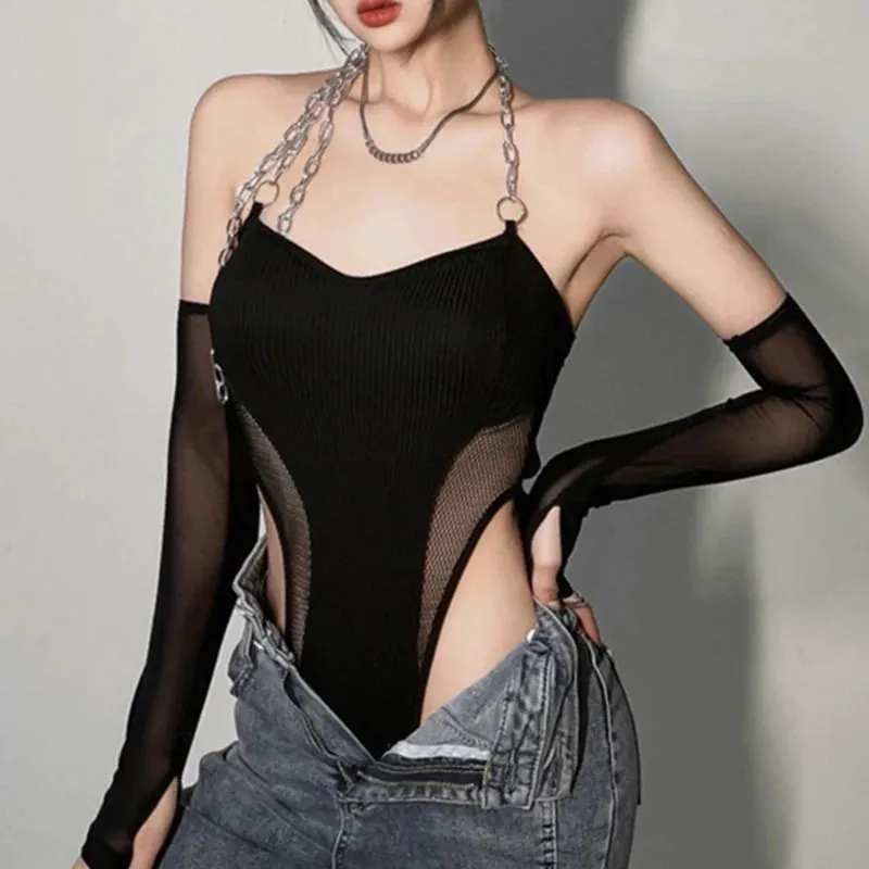 Znbbw Women's Bodysuit American Retro Chain Gauze Splicing Slim Sexy Long Sleeves Basic Jumpsuit Top - Image 2