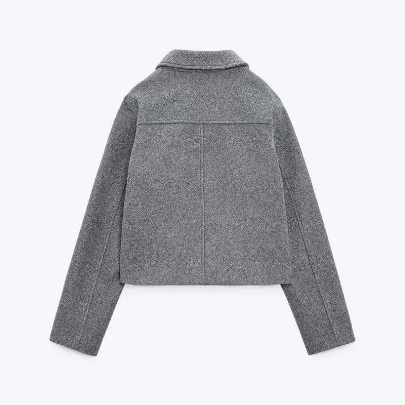 Znbbw Woolen Lapel Single Breated Coat Women Elegant Oblique Pocket Short Coat Autumn Ladies Restro Wool Coats - Image 2