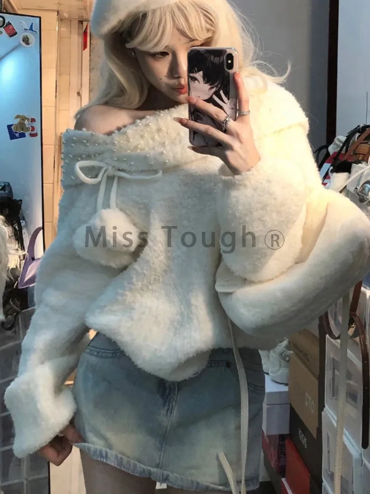 Znbbw Y2k Sexy Knitted Sweaters Women Off Shoulder Pearl Plush Ball Sweet Pullovers Famele Long Sleeves Casual Tops 2024 New - Image 6