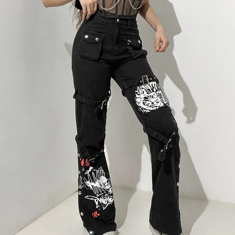 Znbbw Women Y2K Black Punk Pants Buckle Harajuku Gothic Bandage Baggy Jeans Streetwear Pocket Goth Grunge Low Waist Women Cargo Pants - Image 3