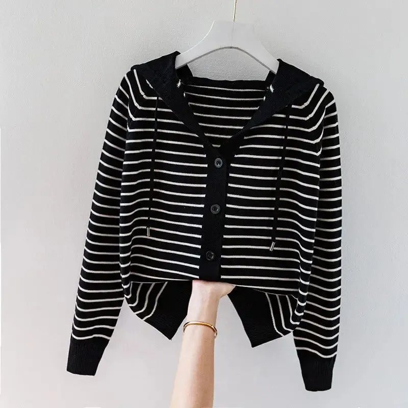 Znbbw Autumn/Winter New Hooded Knit Cardigan Sweatshirt Western Loose Striped Hooded Top - Image 5