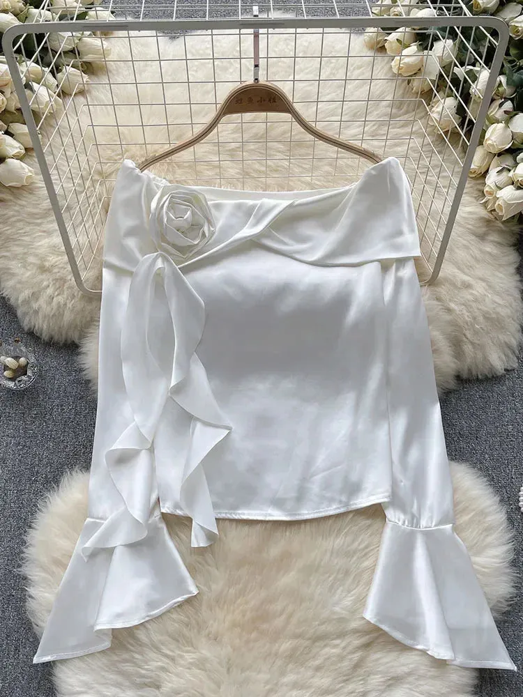 Znbbw Women Spring Blouse Satin Shirt with Exquisite Temperament Unique Top Spicy Girl Three-dimensional Flower Shoulder Shirt D5297 - Image 3