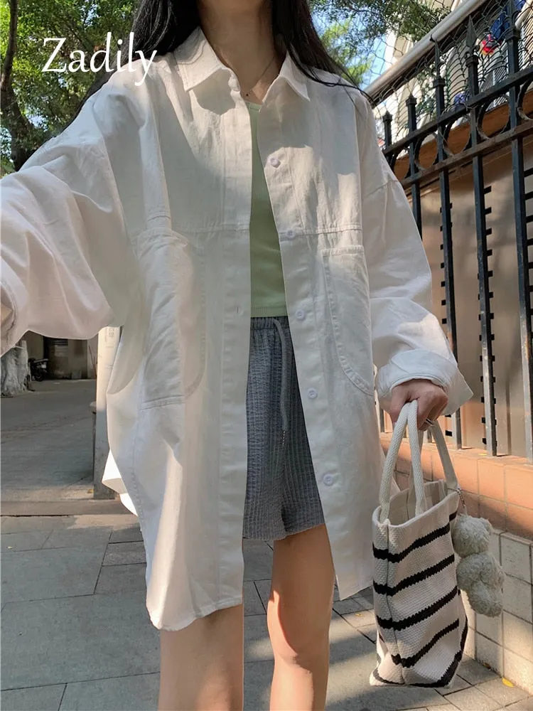 znbbw 2023 Summer Unisex Long Sleeve Oversize Women White Shirt Korea Style Button Up Pocket Woman Blouse Female Clothing Tops - Image 7