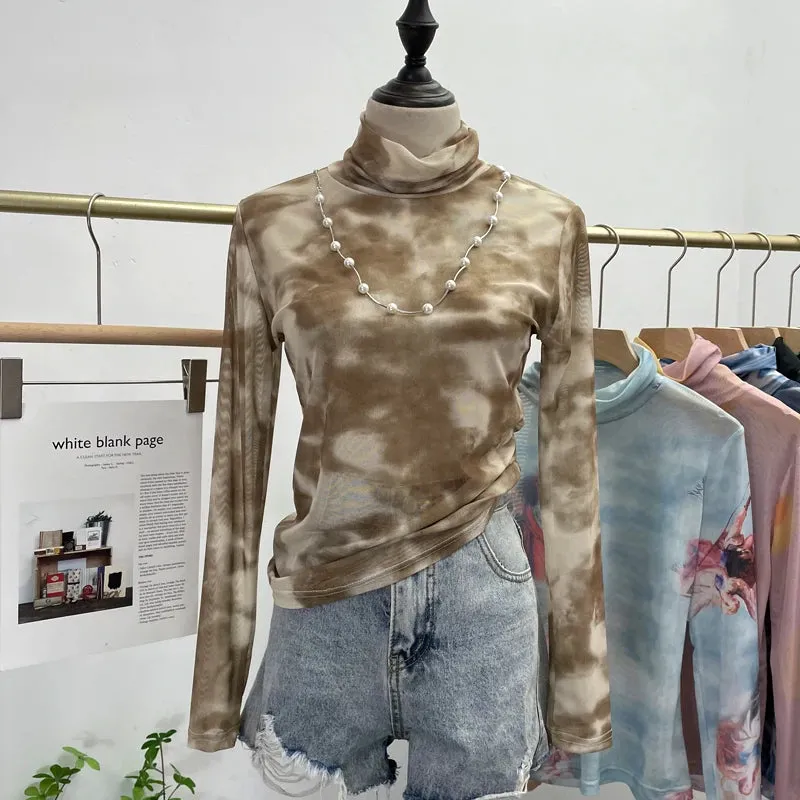 Znbbw Autumn Single-Layer Mesh Base T Shirt Girls Printed Full Sleeve Turtleneck Tees Slim Women See Through Tshirts - Image 6