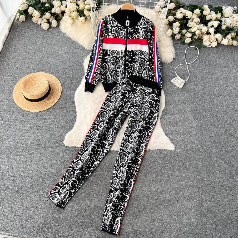 Znbbw Women Stripe Zipper Knitted Cardigans Jacket Sweaters + Pencil Pants Sets Woman Fashion Jumpers Trousers 2 PCS Costumes Outfit - Image 3