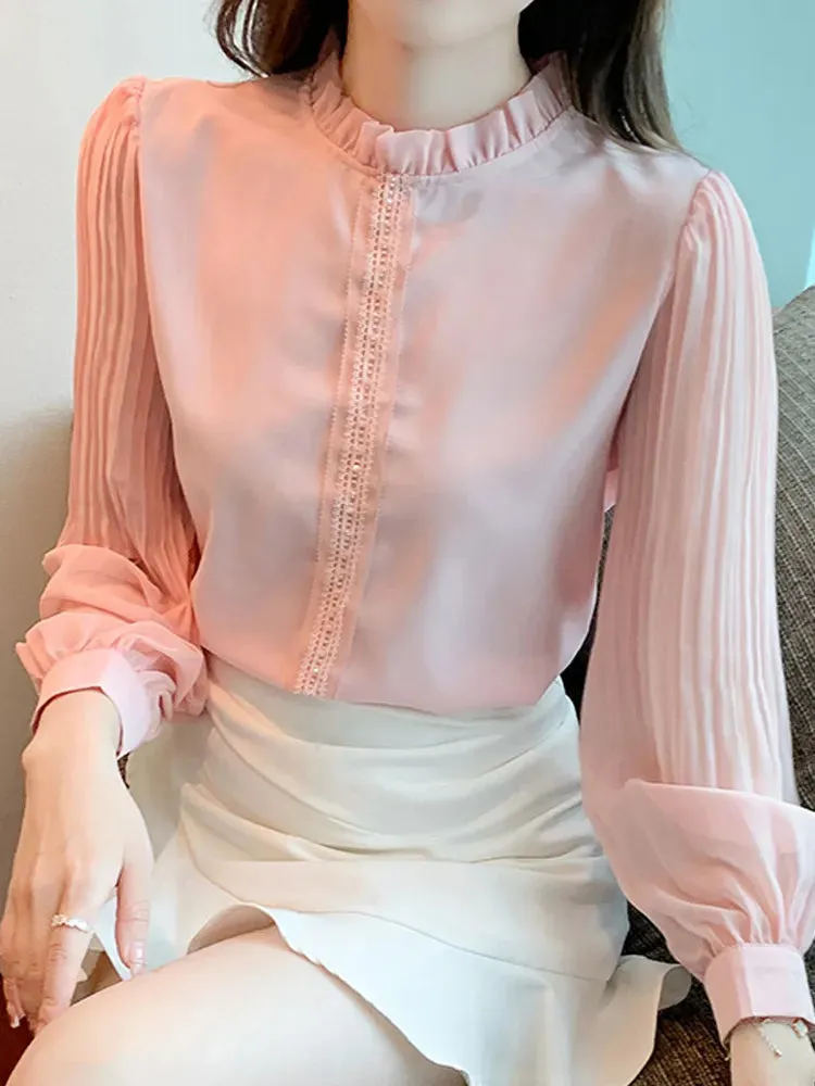 Znbbw Women Pink Chiffon Blouse Shirt Women Tops Blusas Mujer De Moda 2023 Long Sleeve Blouse Women Shirts Blouses Femme F447 - Image 2