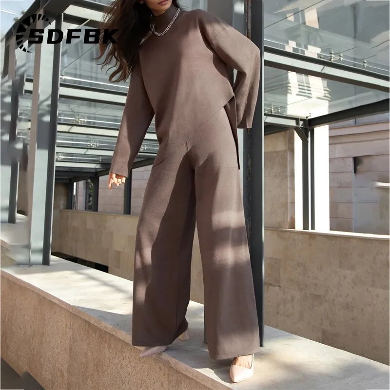 Znbbw Women Wide Legs Pants Irregular Sweater Suit 2023 Autumn Winter 2 Piece Set Casual High Collar Pullover Knitted Sweaters Outfits - Image 3